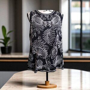 LOFT, BLACK / WHITE EMBROIDERED SLEEVELESS COTTON BLOUSE, XL
